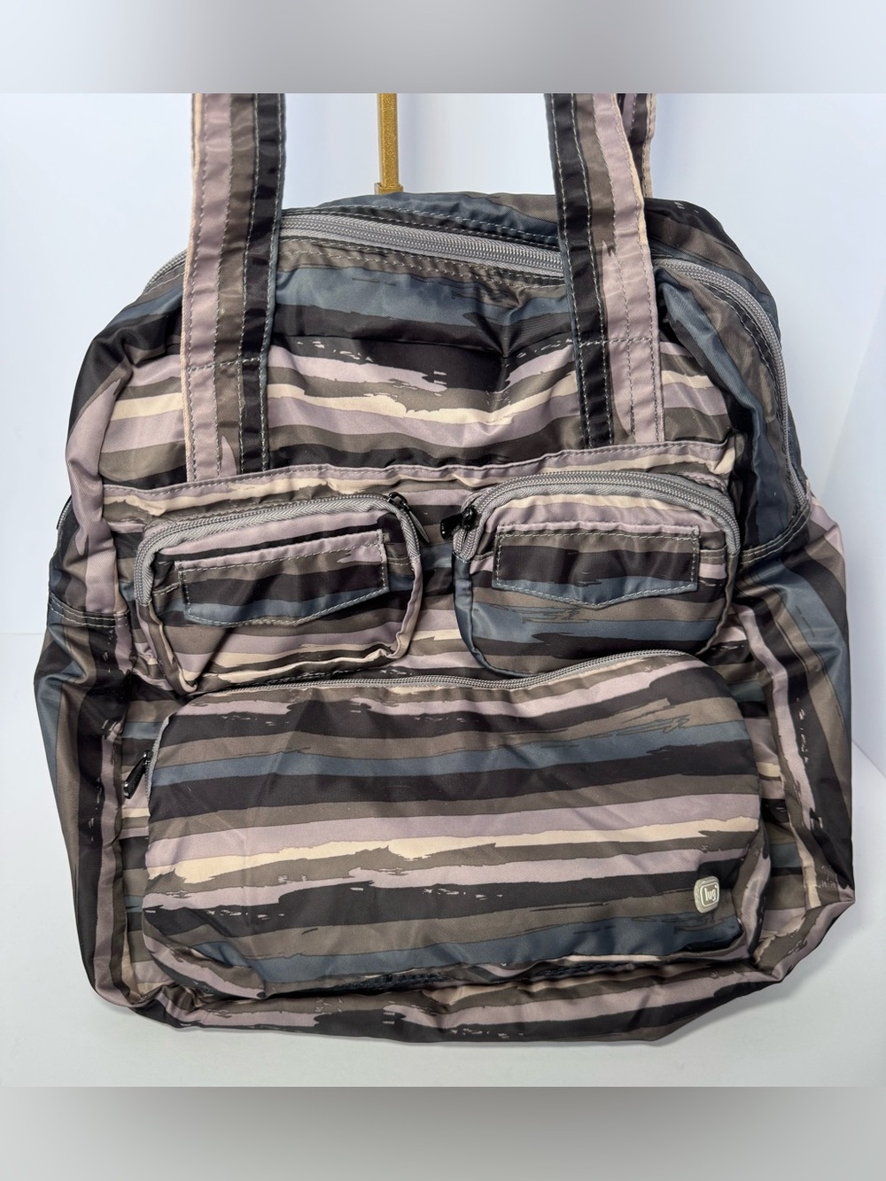 Lug Puddle Jumper Packable Tote Bag Gray Black Stripe Travel Shoulder Carry-On